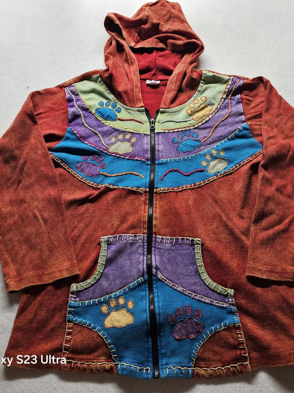WomensBoho/hippi Red Hooded Patchwork Jacket with Paw Accents